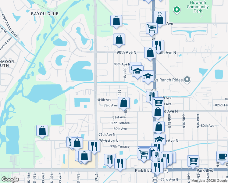 map of restaurants, bars, coffee shops, grocery stores, and more near 6905 Monte Carlo in Pinellas Park