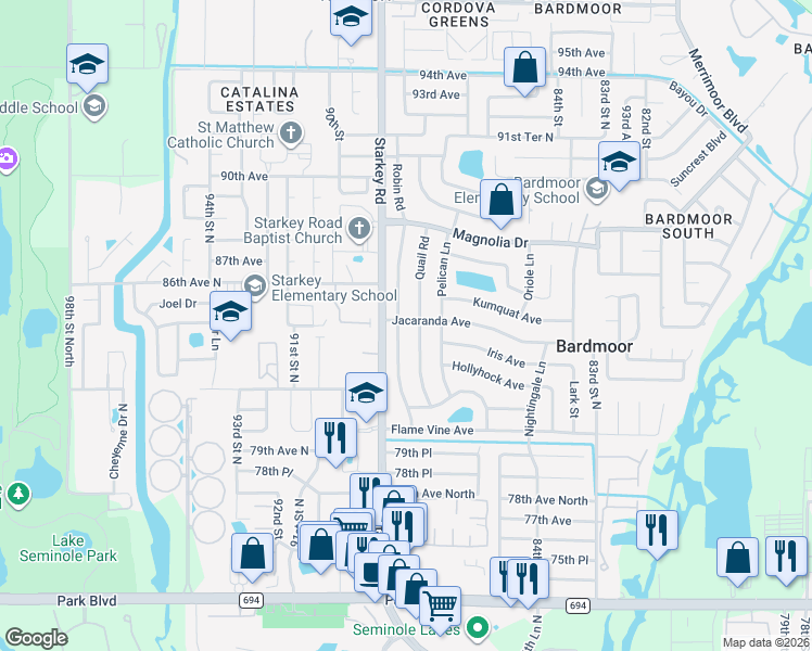 map of restaurants, bars, coffee shops, grocery stores, and more near 8420 Quail Road in Seminole
