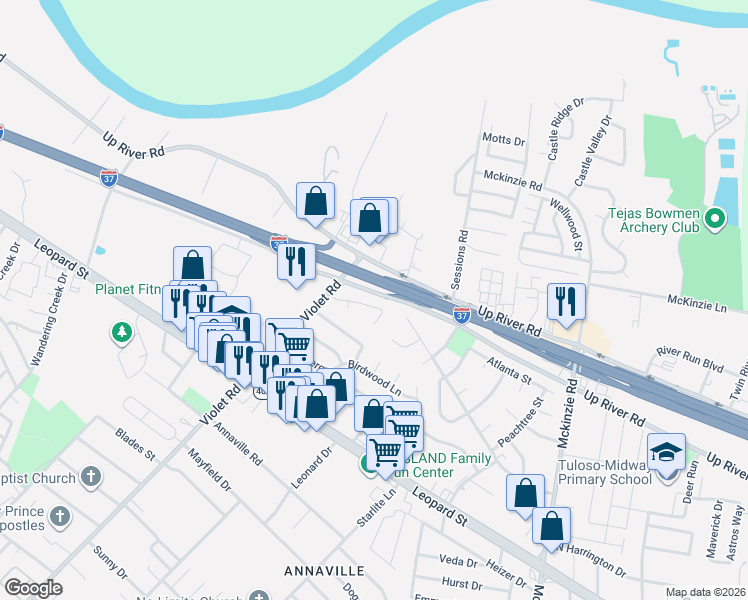 map of restaurants, bars, coffee shops, grocery stores, and more near 11130 Jackson Terrace in Corpus Christi