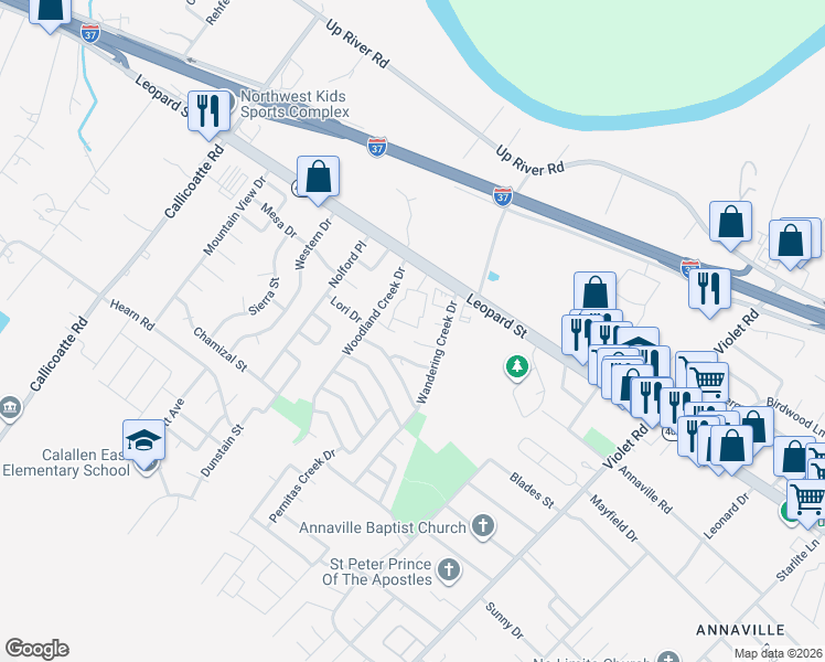map of restaurants, bars, coffee shops, grocery stores, and more near 11648 Flatrock Crossing Circle in Corpus Christi