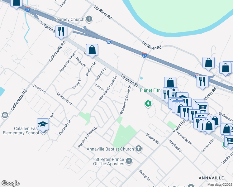 map of restaurants, bars, coffee shops, grocery stores, and more near 11648 Flatrock Crossing Circle in Corpus Christi