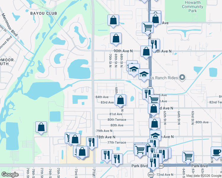 map of restaurants, bars, coffee shops, grocery stores, and more near 6935 Monte Carlo in Pinellas Park