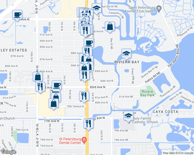 map of restaurants, bars, coffee shops, grocery stores, and more near 8420 Diagonal Road North in Saint Petersburg