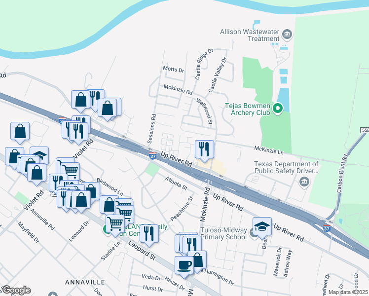 map of restaurants, bars, coffee shops, grocery stores, and more near 10702 Interstate 37 in Corpus Christi
