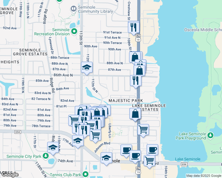map of restaurants, bars, coffee shops, grocery stores, and more near 8440 109th Way North in Seminole