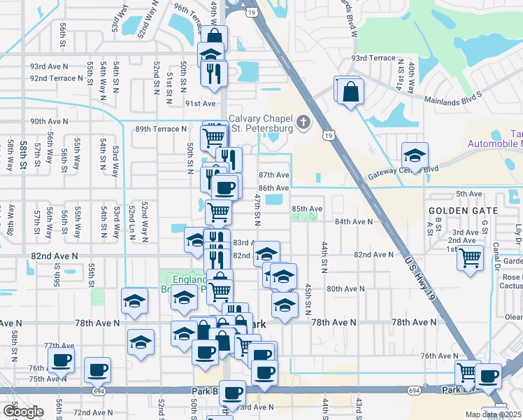 map of restaurants, bars, coffee shops, grocery stores, and more near 8411 47th Street North in Pinellas Park