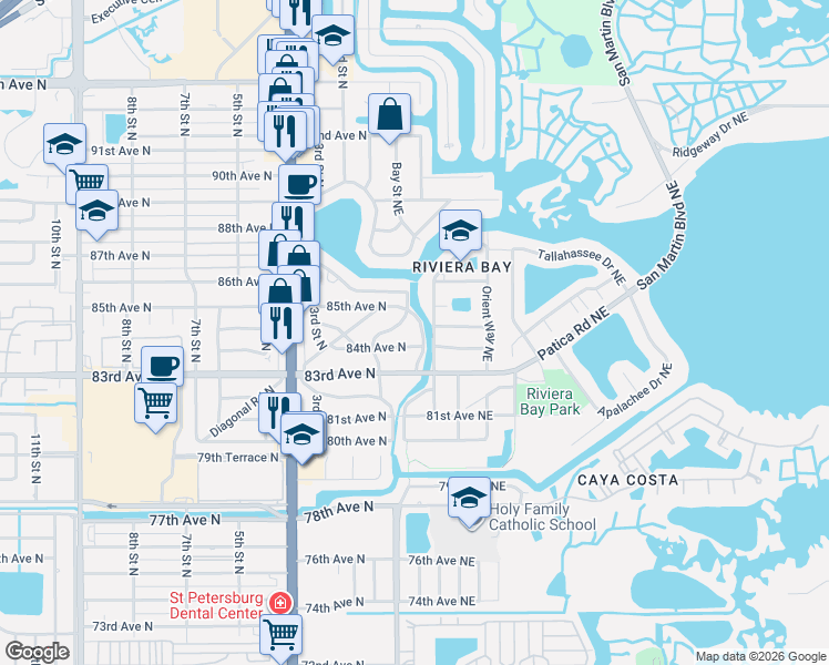 map of restaurants, bars, coffee shops, grocery stores, and more near 8420 Riverside Dr N in St Petersburg