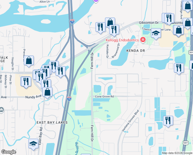 map of restaurants, bars, coffee shops, grocery stores, and more near 10306 Boggy Moss Drive in Riverview