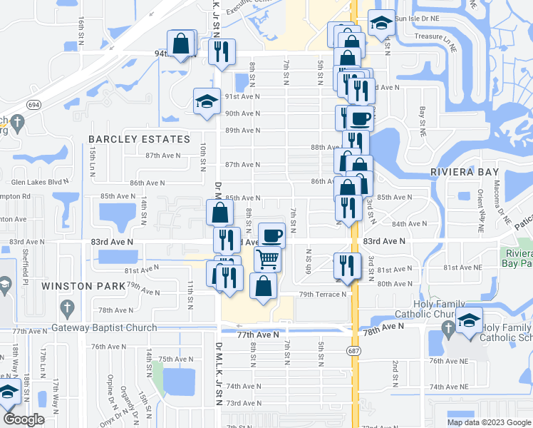 map of restaurants, bars, coffee shops, grocery stores, and more near 8433 7th Lane North in St. Petersburg