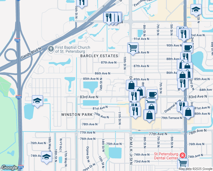 map of restaurants, bars, coffee shops, grocery stores, and more near 8507 12th Way North in St. Petersburg
