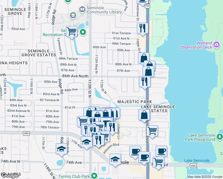 map of restaurants, bars, coffee shops, grocery stores, and more near 8402 111th Street North in Seminole