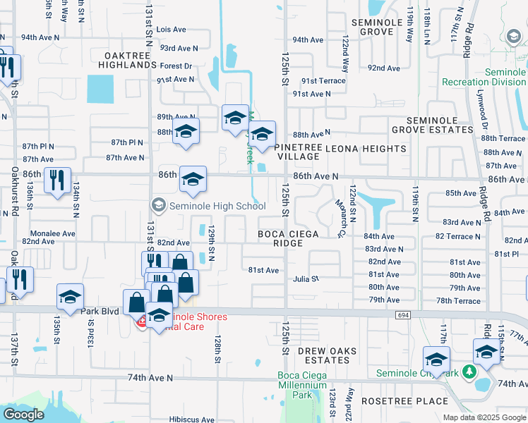 map of restaurants, bars, coffee shops, grocery stores, and more near 12633 83rd Avenue North in Seminole