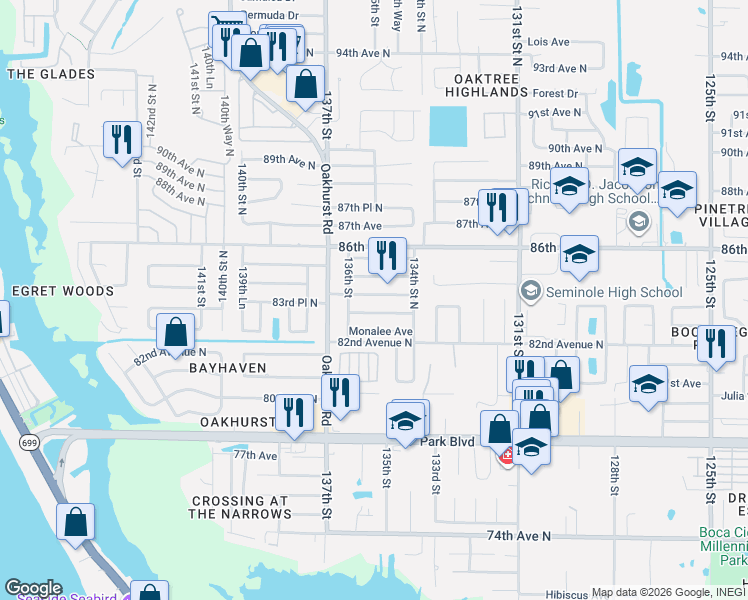 map of restaurants, bars, coffee shops, grocery stores, and more near 13499 Bellwood Avenue North in Seminole