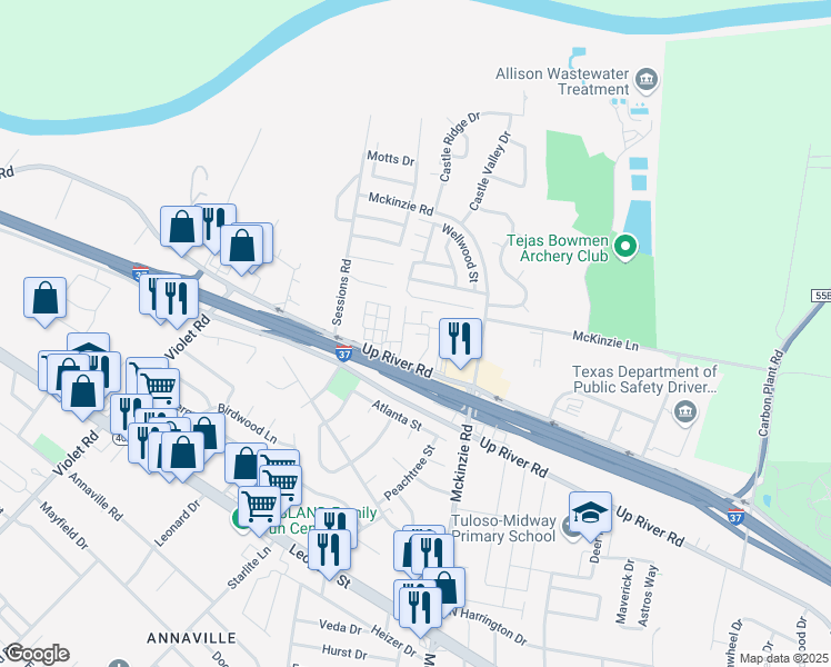 map of restaurants, bars, coffee shops, grocery stores, and more near 10702 Interstate 37 in Corpus Christi