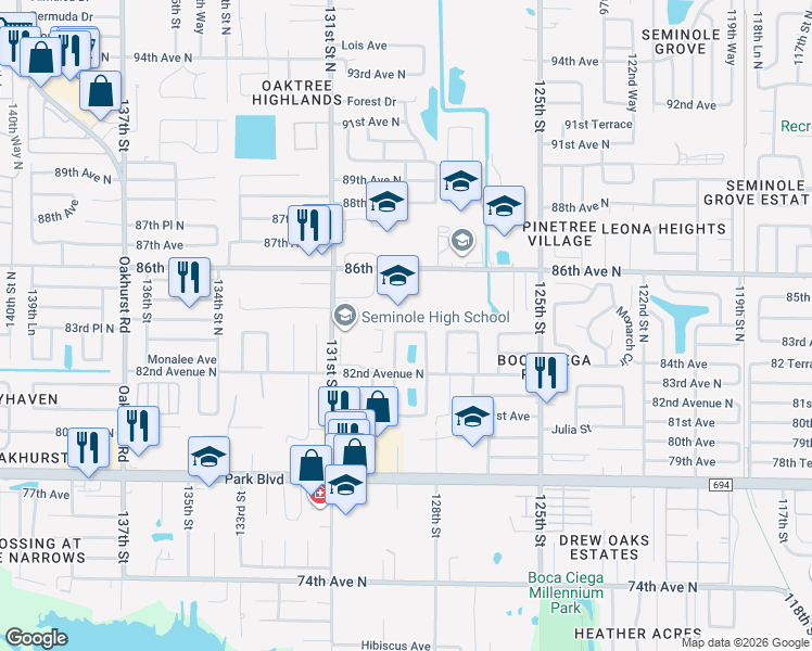 map of restaurants, bars, coffee shops, grocery stores, and more near 12851 83rd Avenue North in Seminole