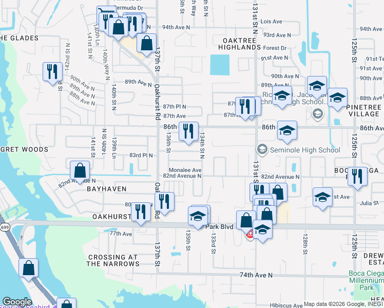 map of restaurants, bars, coffee shops, grocery stores, and more near 13472 Bellewood Avenue in Seminole