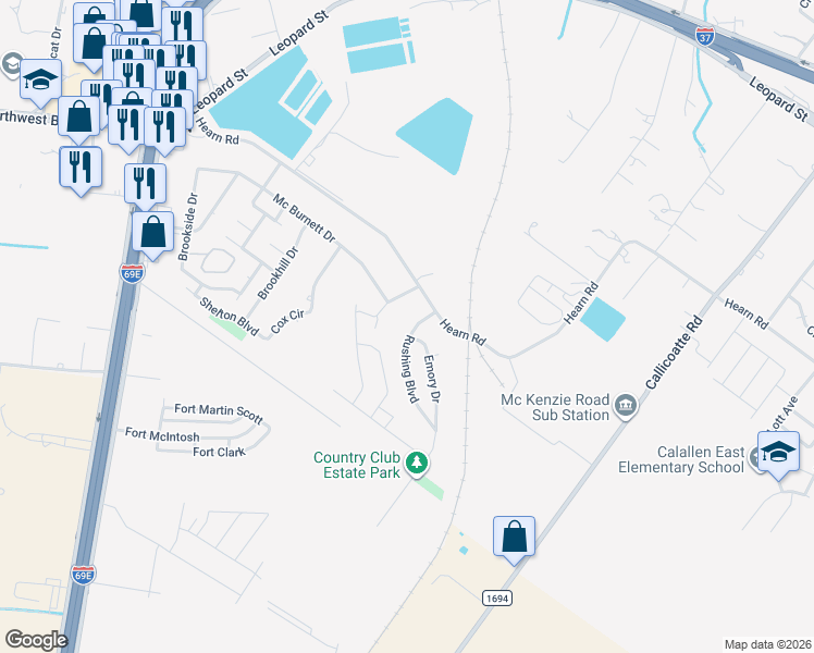 map of restaurants, bars, coffee shops, grocery stores, and more near 3701 Rushing Boulevard in Corpus Christi