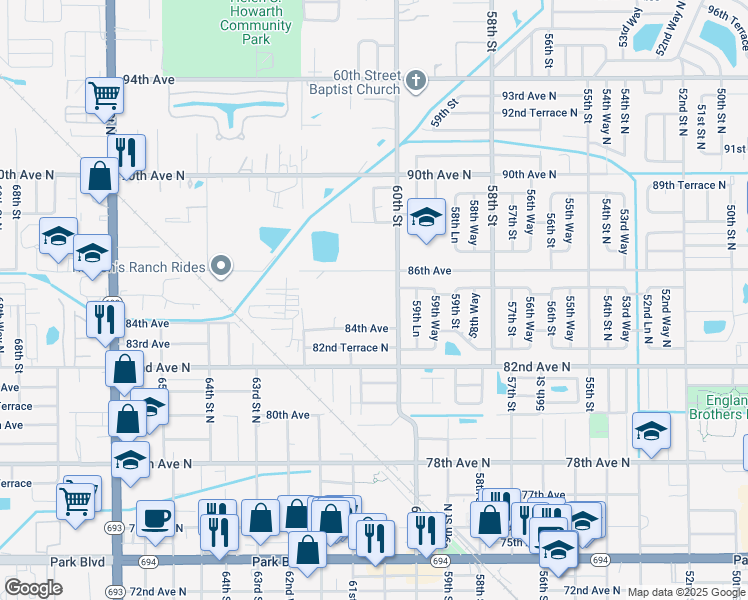 map of restaurants, bars, coffee shops, grocery stores, and more near 8484 60th Street in Pinellas Park
