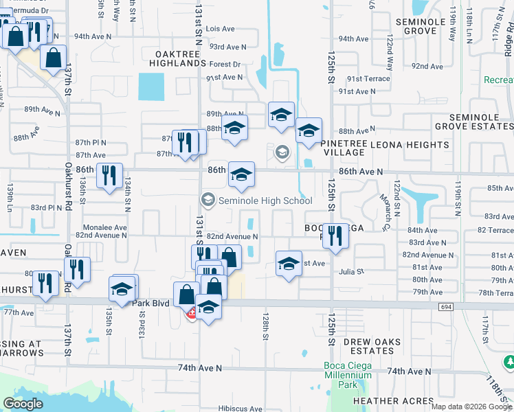 map of restaurants, bars, coffee shops, grocery stores, and more near 12851 83rd Avenue North in Seminole