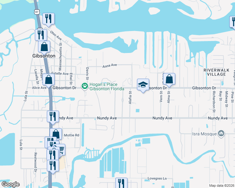 map of restaurants, bars, coffee shops, grocery stores, and more near 10108 Gloria Street in Gibsonton