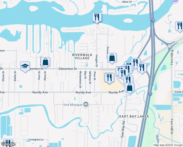 map of restaurants, bars, coffee shops, grocery stores, and more near 10108 Midway Street in Gibsonton