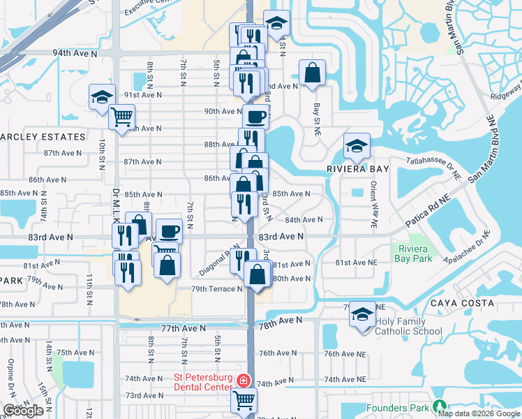 map of restaurants, bars, coffee shops, grocery stores, and more near 8438 3rd Street North in St. Petersburg