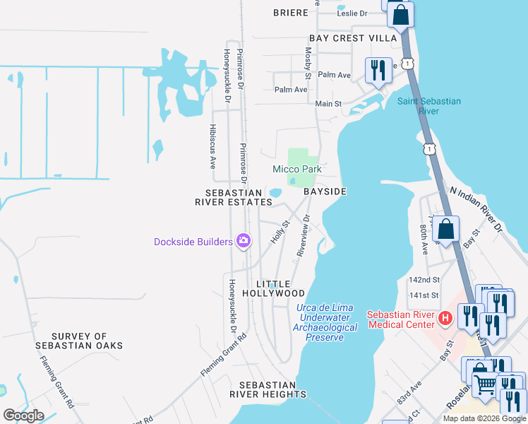map of restaurants, bars, coffee shops, grocery stores, and more near 3713 Lakeview Drive in Sebastian