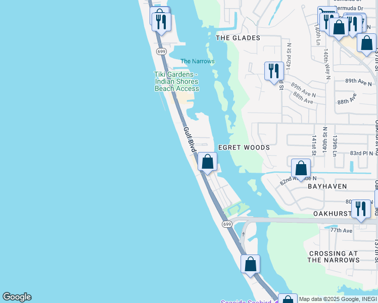 map of restaurants, bars, coffee shops, grocery stores, and more near 19400 Gulf Boulevard in Indian Shores