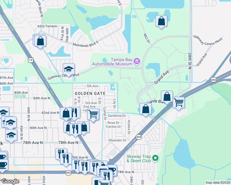 map of restaurants, bars, coffee shops, grocery stores, and more near 34275 Lily Drive in Pinellas Park
