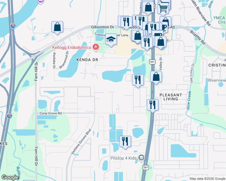 map of restaurants, bars, coffee shops, grocery stores, and more near 10404 Virginia Pine Court in Riverview