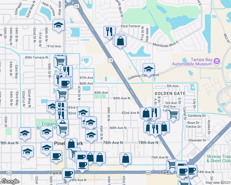 map of restaurants, bars, coffee shops, grocery stores, and more near 4355 84th Avenue North in Pinellas Park