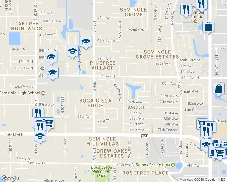 map of restaurants, bars, coffee shops, grocery stores, and more near 8398 Queen Street in Seminole
