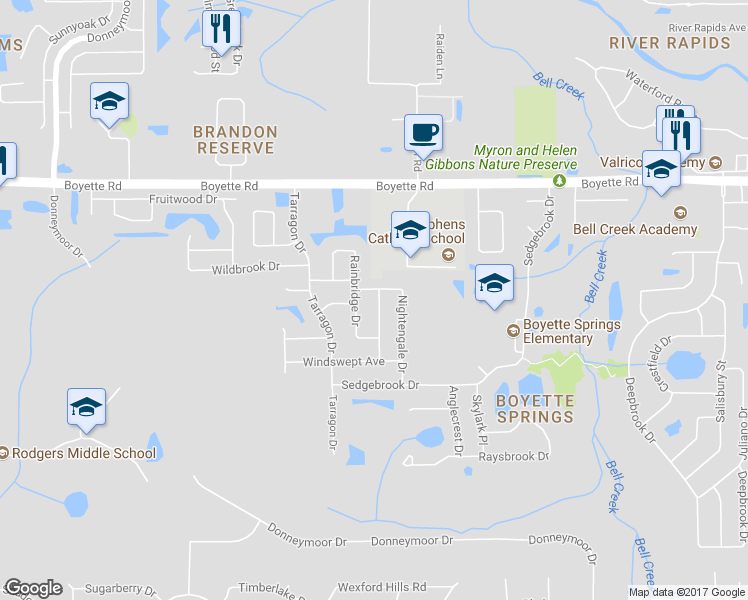 map of restaurants, bars, coffee shops, grocery stores, and more near 10403 Harvestime Place in Riverview