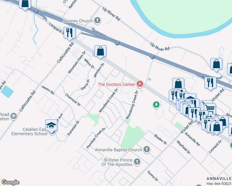 map of restaurants, bars, coffee shops, grocery stores, and more near 11655 Flatrock Crossing Circle in Corpus Christi