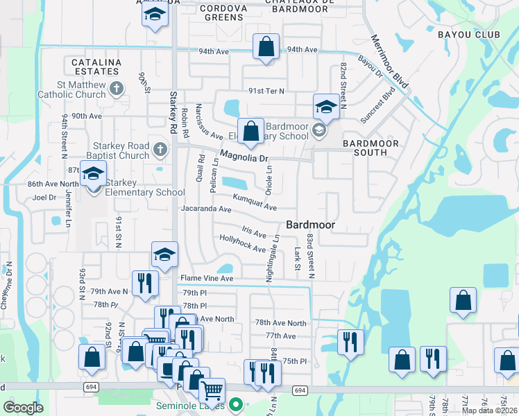 map of restaurants, bars, coffee shops, grocery stores, and more near 8532 Kumquat Avenue in Seminole