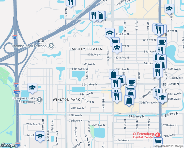 map of restaurants, bars, coffee shops, grocery stores, and more near 8507 12th Way North in St. Petersburg