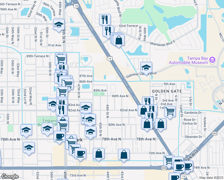 map of restaurants, bars, coffee shops, grocery stores, and more near 4355 84th Avenue North in Pinellas Park