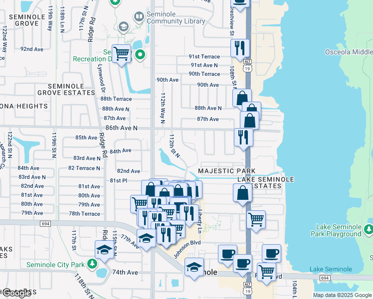 map of restaurants, bars, coffee shops, grocery stores, and more near 8402 111th Street North in Seminole