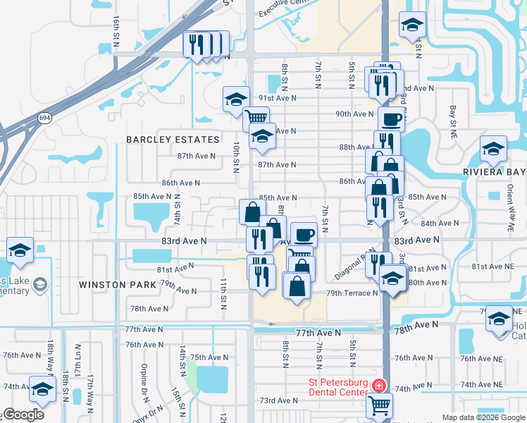 map of restaurants, bars, coffee shops, grocery stores, and more near 8444 8th Way North in St. Petersburg