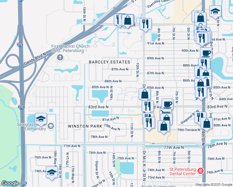 map of restaurants, bars, coffee shops, grocery stores, and more near 8500 13th Street North in St. Petersburg