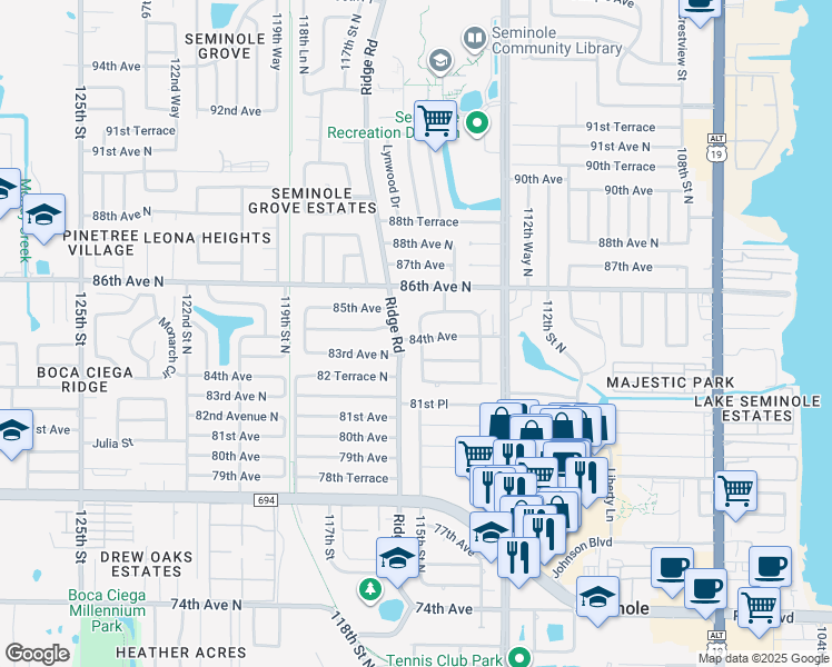map of restaurants, bars, coffee shops, grocery stores, and more near 8422 Ridgewood Circle West in Seminole