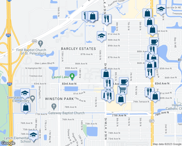 map of restaurants, bars, coffee shops, grocery stores, and more near 8507 12th Way North in St. Petersburg