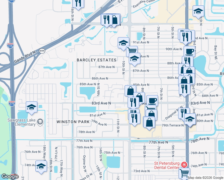 map of restaurants, bars, coffee shops, grocery stores, and more near 8507 12th Way North in St. Petersburg