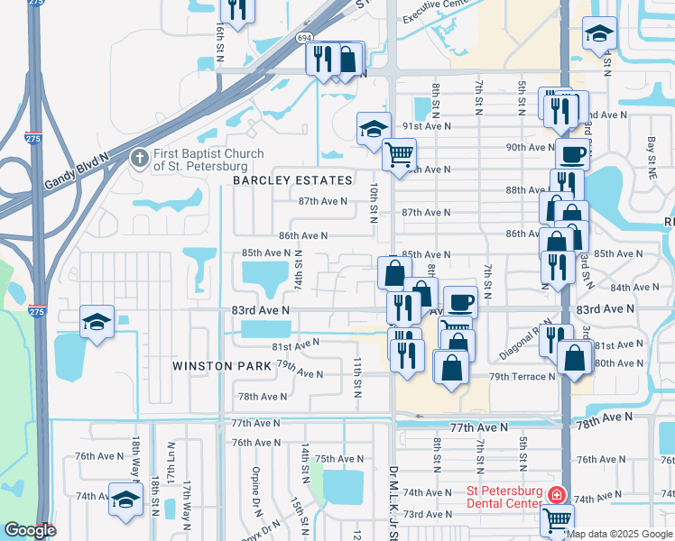 map of restaurants, bars, coffee shops, grocery stores, and more near 8507 12th Way North in St. Petersburg