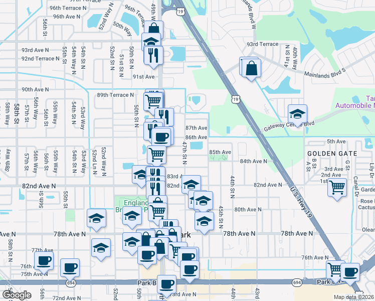 map of restaurants, bars, coffee shops, grocery stores, and more near 8421 47th Street North in Pinellas Park