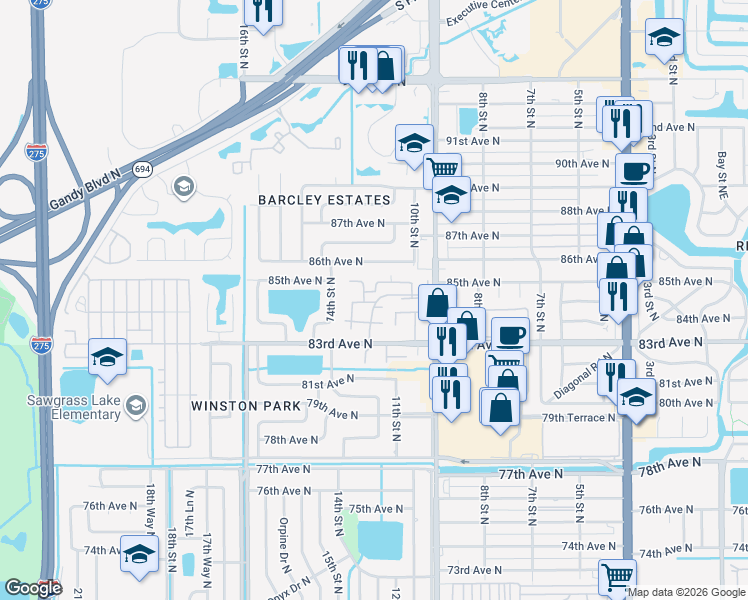 map of restaurants, bars, coffee shops, grocery stores, and more near 8507 12th Way North in St. Petersburg