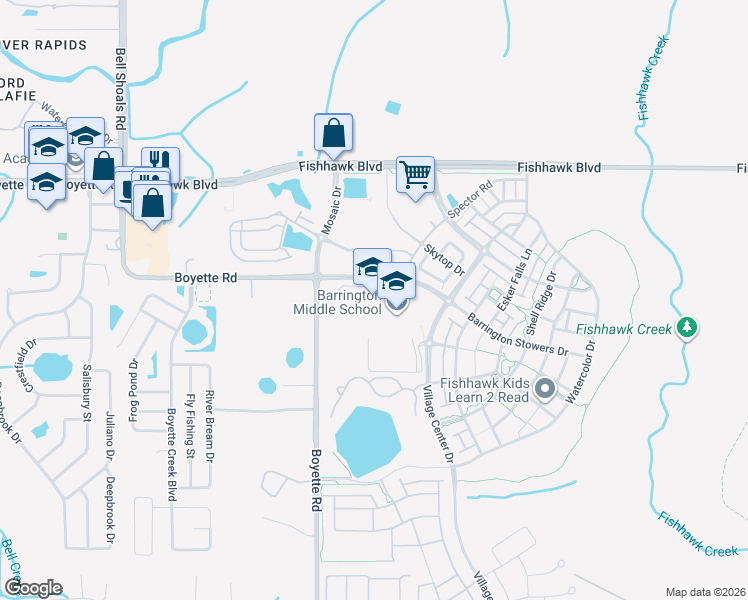 map of restaurants, bars, coffee shops, grocery stores, and more near 13915 Barrington Stowers Drive in Riverview