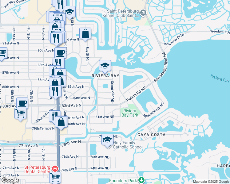 map of restaurants, bars, coffee shops, grocery stores, and more near 8421 Orient Way Northeast in Saint Petersburg