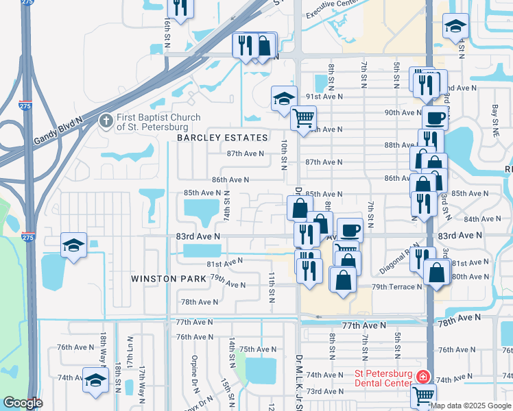 map of restaurants, bars, coffee shops, grocery stores, and more near 8507 12th Way North in St. Petersburg