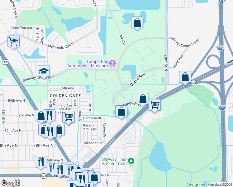 map of restaurants, bars, coffee shops, grocery stores, and more near 3110 Grand Avenue in Pinellas Park